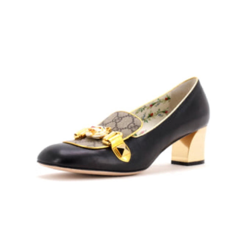 Gucci Women's Tiger Head Heeled Loafers Leather and GG Coated Canvas - Picture 6 of 9